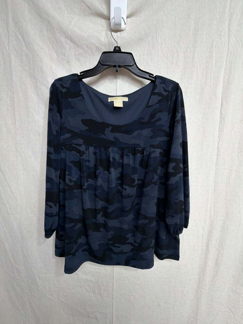 MICHAEL Michael Kors Blue Camouflage Print 3/4 Sleeve Pleated Tunic Blouse PM